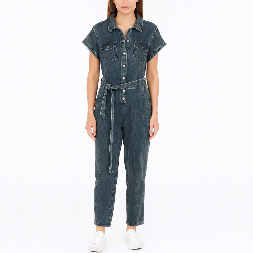 Guess Womens Denim Jumpsuit Size XL Blue Button Front Belted Retro Romper